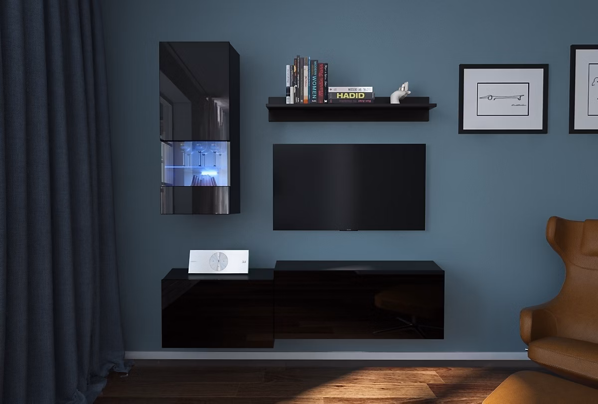 Ensemble meuble TV NEXT 290 AN290 | 17B – HG20 – 1A noir brillant 151 cm