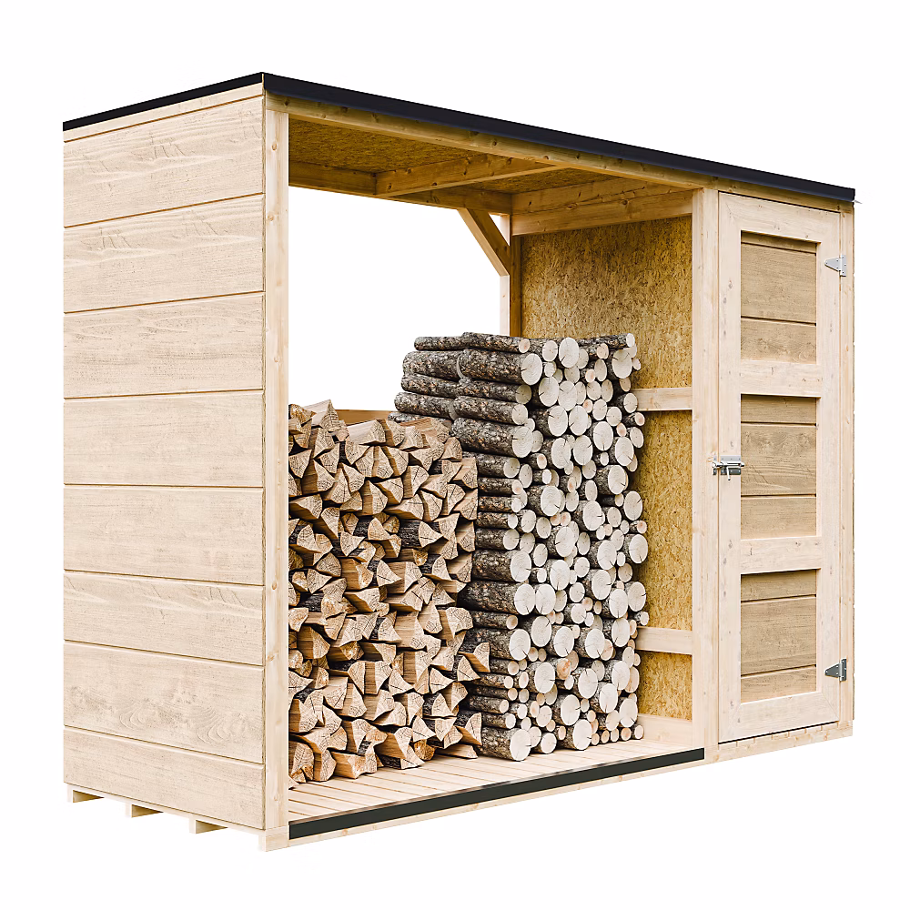 Abri à bûches extérieur – 75 × 217 x H159 cm, Abri à outils et bûches, 1, 09 m² + 0.53 m², M981, Timbela