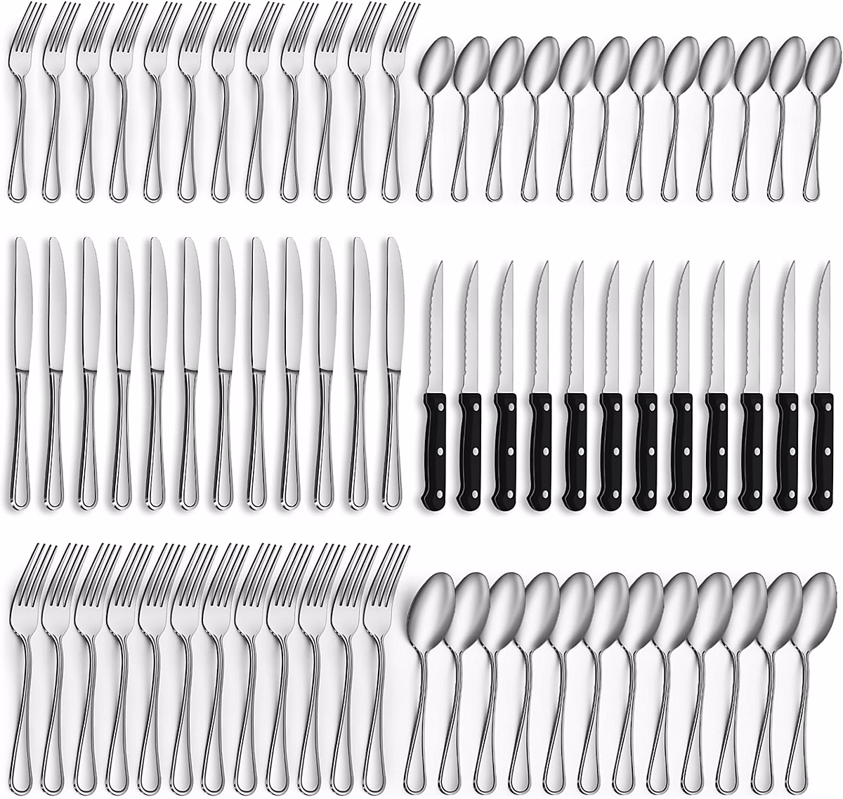 couverts de table avec couteau a steak – 72 pièces couverts pour 12 personnes gris noir