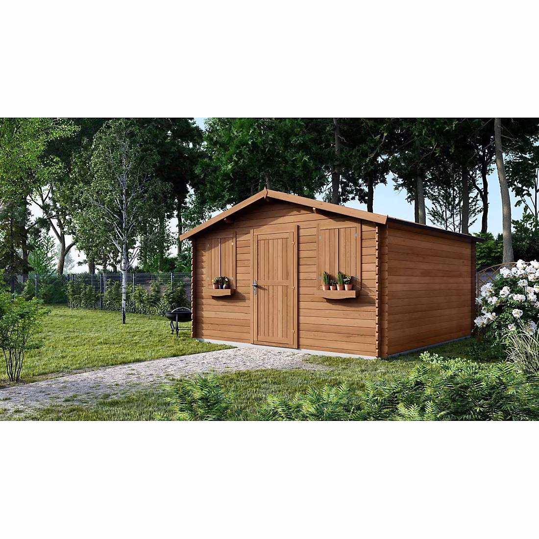 Abri de jardin en bois – 16m2, 4 × 4m, Traité, Ep. 28mm, Couleur: marron, DOM144