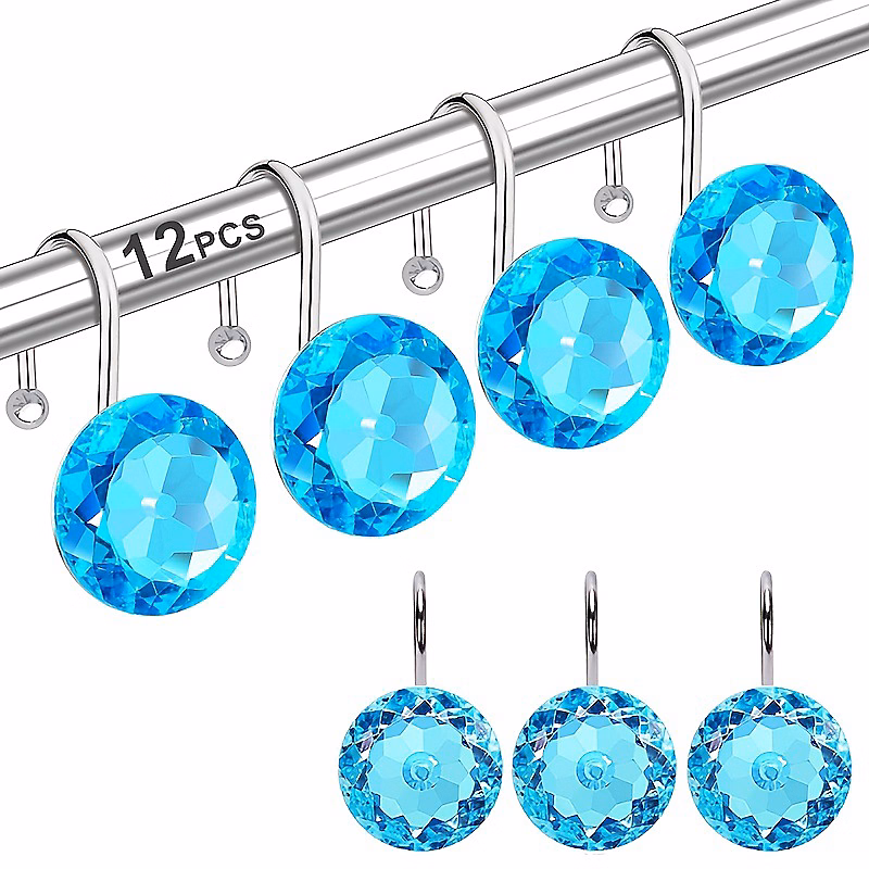 BASHLWUA (Bleu) crochets décoratifs pour rideau de douche en acrylique | cristal et diamant – Crochets en acier inoxydabl – lot de 12