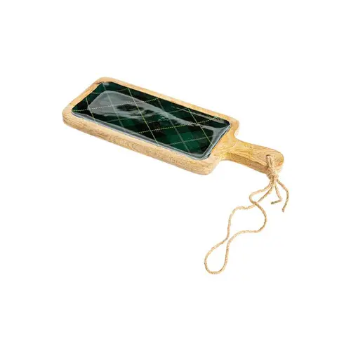 Planche rectangulaire en bois de manguier émaillé vert à décor carreaux - 38 x 14 x 2 cm