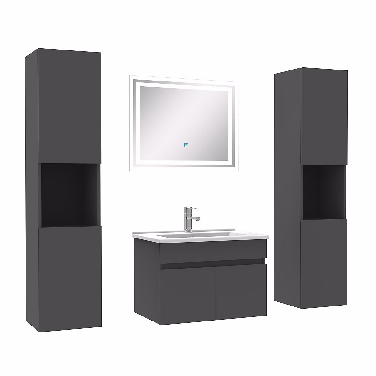 Ensemble meubles Salle de Bain simple vasque 60cm – colonne x2 et miroir Anthracite