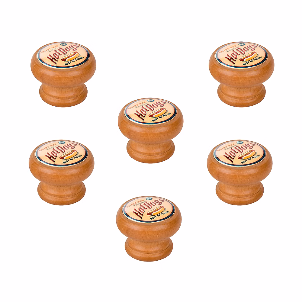 6 Un. bouton poignées de meuble Vintage Retro bois colorant miel HOT DOGS – diamètre 40MM