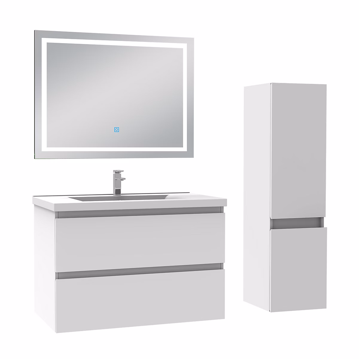 Ensemble meuble de salle de bain 80cm – vasque céramique + colonne + LED miroir mural, blanc