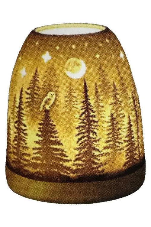 Photophore mini igloo en céramique blanche et socle bois motif foret et hibou - Ø 9 x H 11 cm