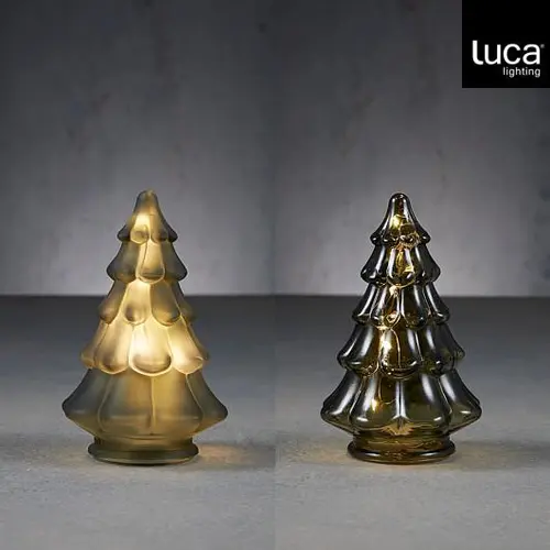 Photophore vert forme sapin en verre avec 10 LED et minuteur - Ø 11,5 x H 17,5 cm