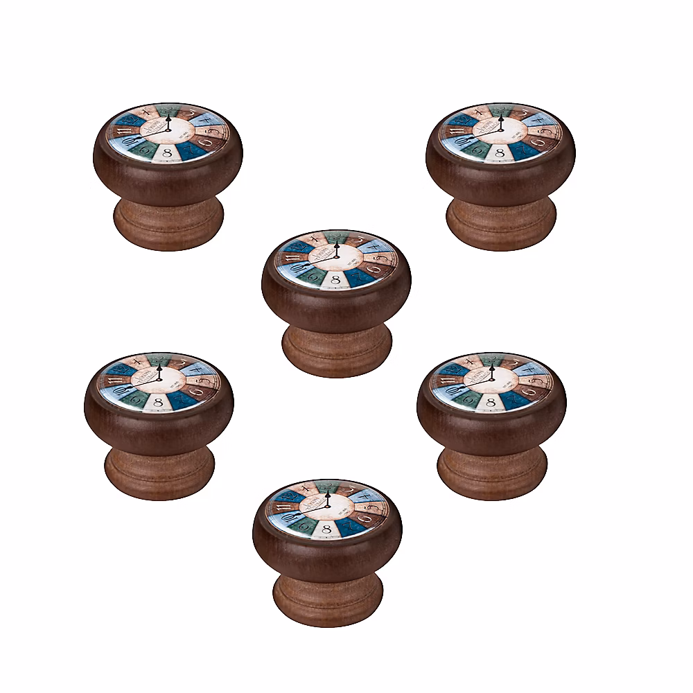 6 Un. bouton poignées de meuble Vintage Retro bois colorant noyer horloge – diamètre 40MM