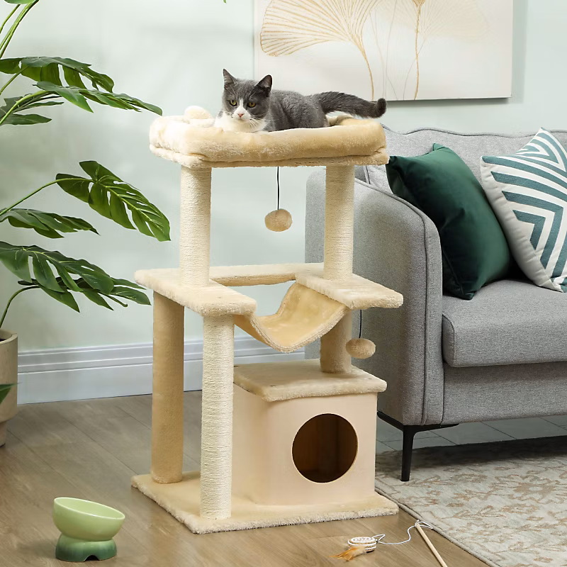 Arbre à chat 90 cm en polyester crème avec hamac et niche | Chat