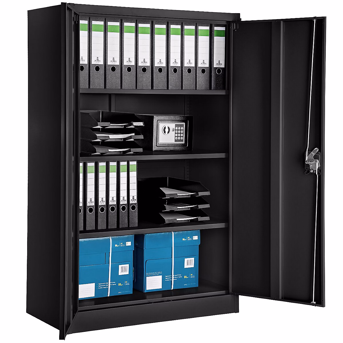 Armoire métallique de bureau verrouillable 4 niveaux 140 × 90 × 40cm acier noir portes battantes