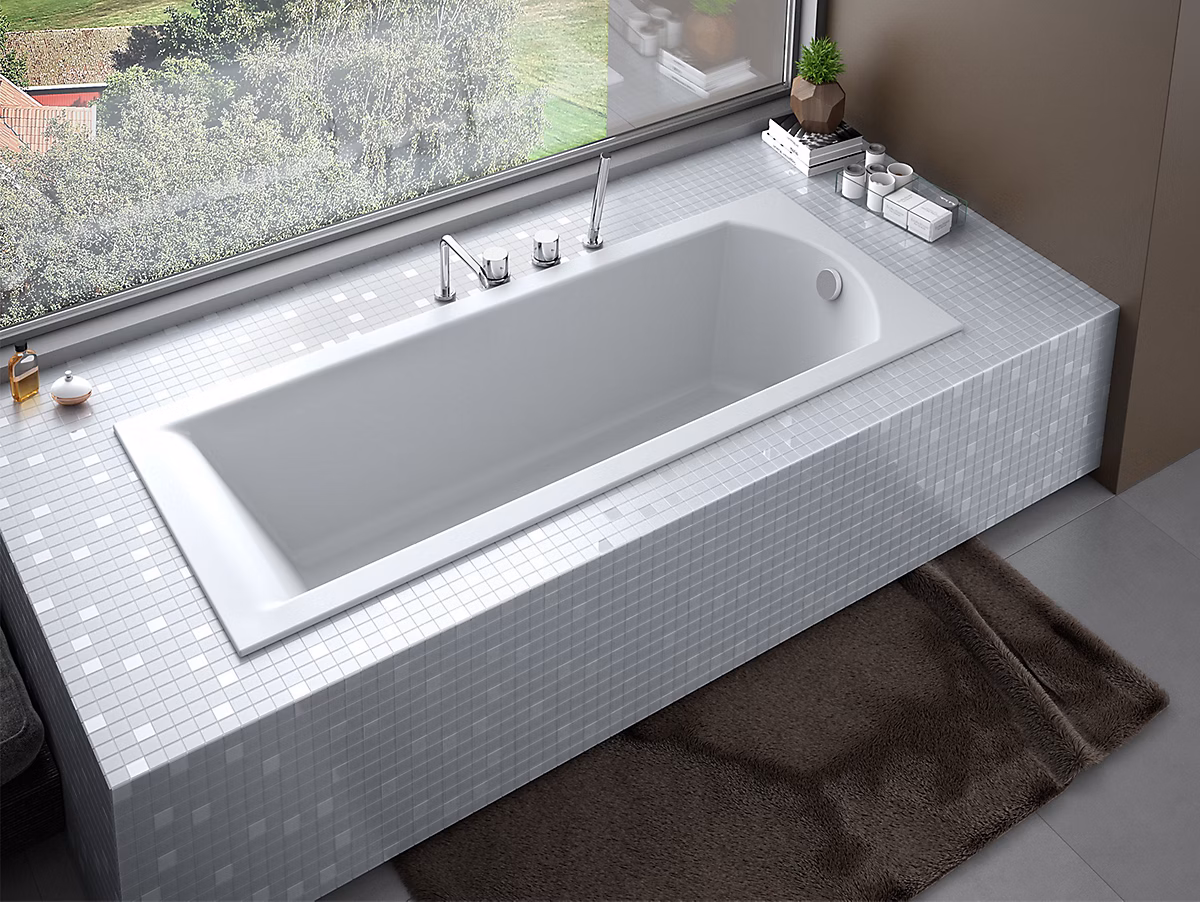 Baignoire rectangulaire 140 × 70 SHEA SLIM acrylique blanc + Habillage en polystyrène + Pieds + Vidage à chromé