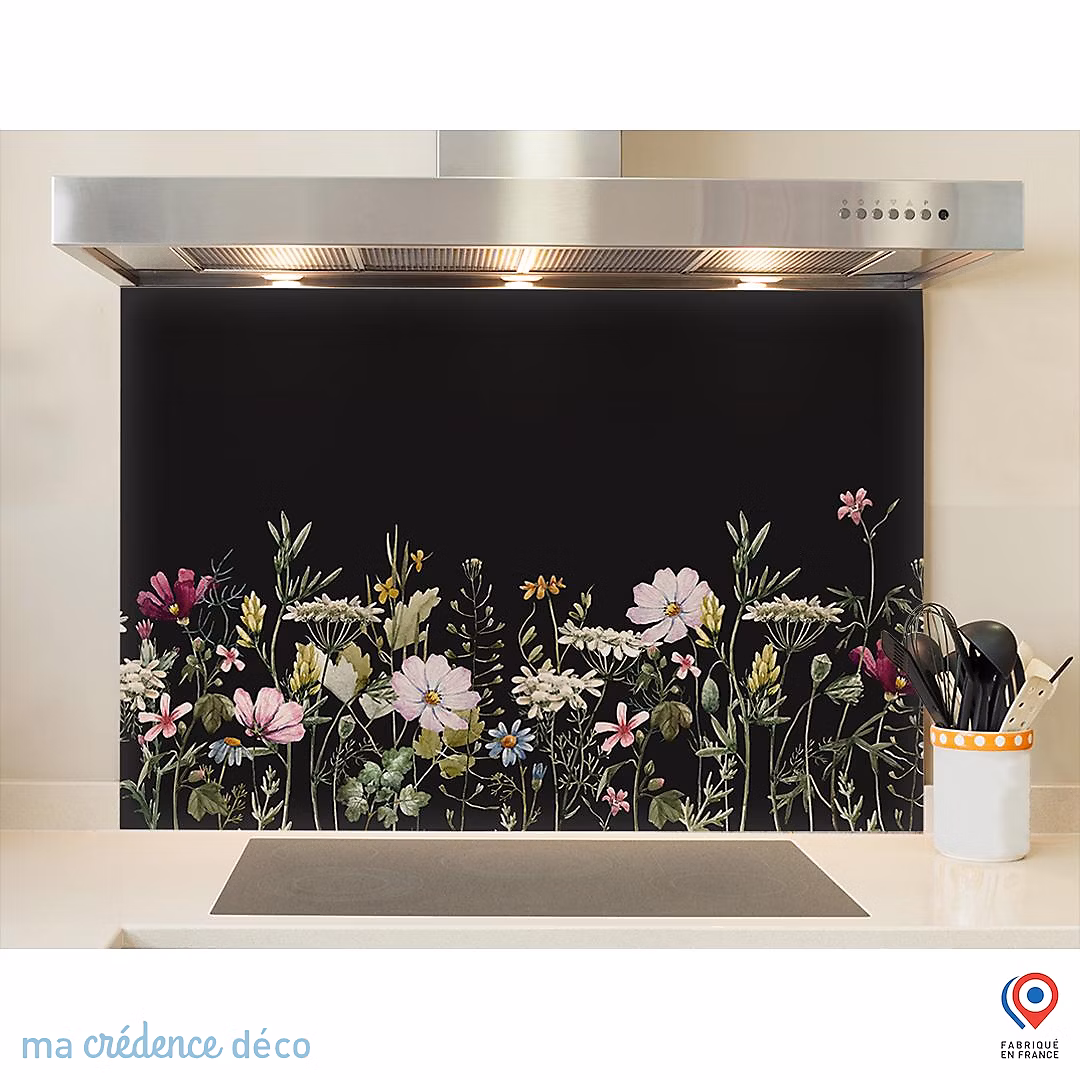 Crédence cuisine fond de hotte Dessin fleurs et aquarelle 1 – Verre trempé, L 90 cm x H 50 cm, MaCrédenceDéco