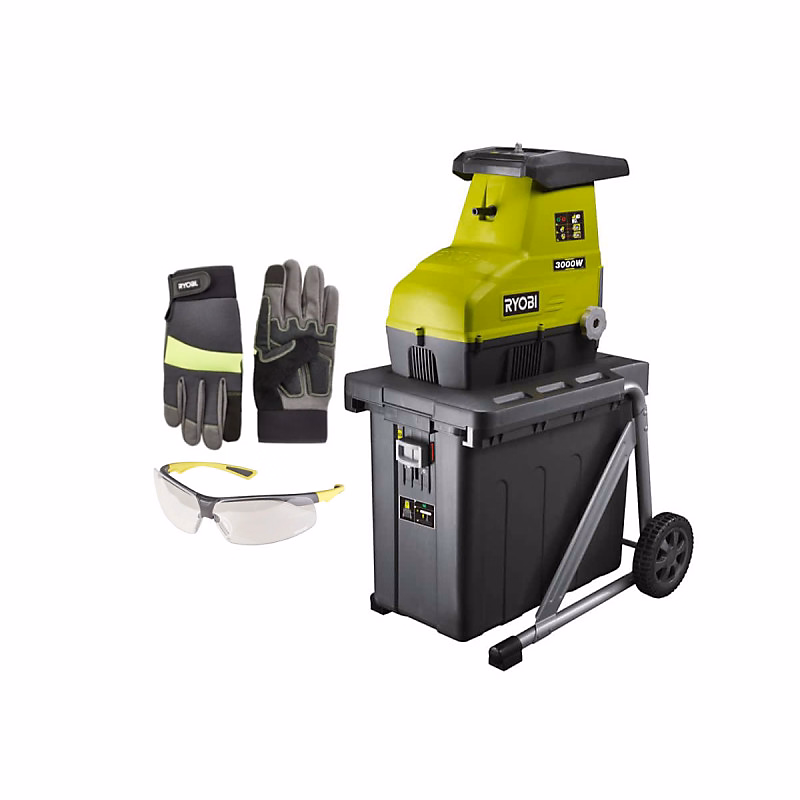 Broyeur de végétaux électrique RYOBI – 3000W, Gants renforcés Taille XL, Lunettes de protection