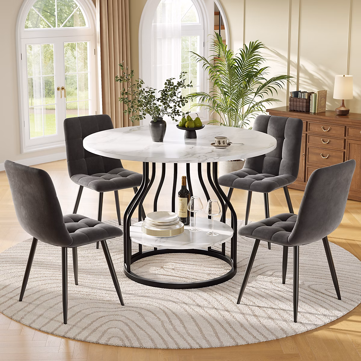 Ensemble table et chaises 80 × 80 × 76 cm table ronde avec 4 chaises en velours – plateau MDF effet marbre