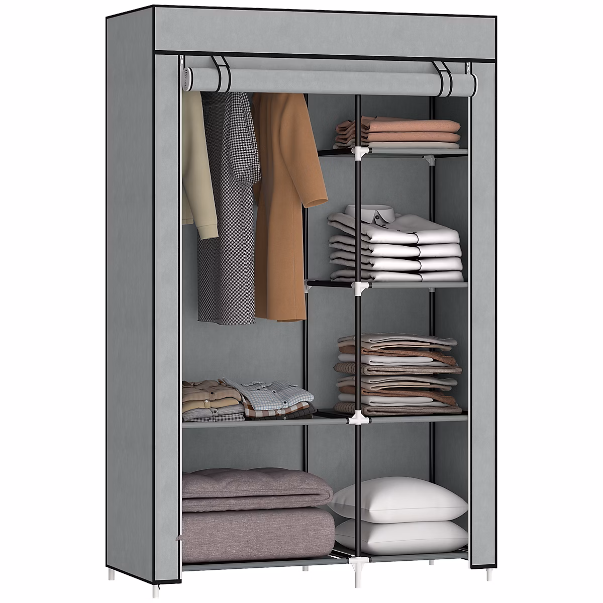 Armoire penderie multi | rangement – 6 étagères – 1 barre – dim. 103L x 43l x 162 – 5H cm – acier noir non tissé gris clair