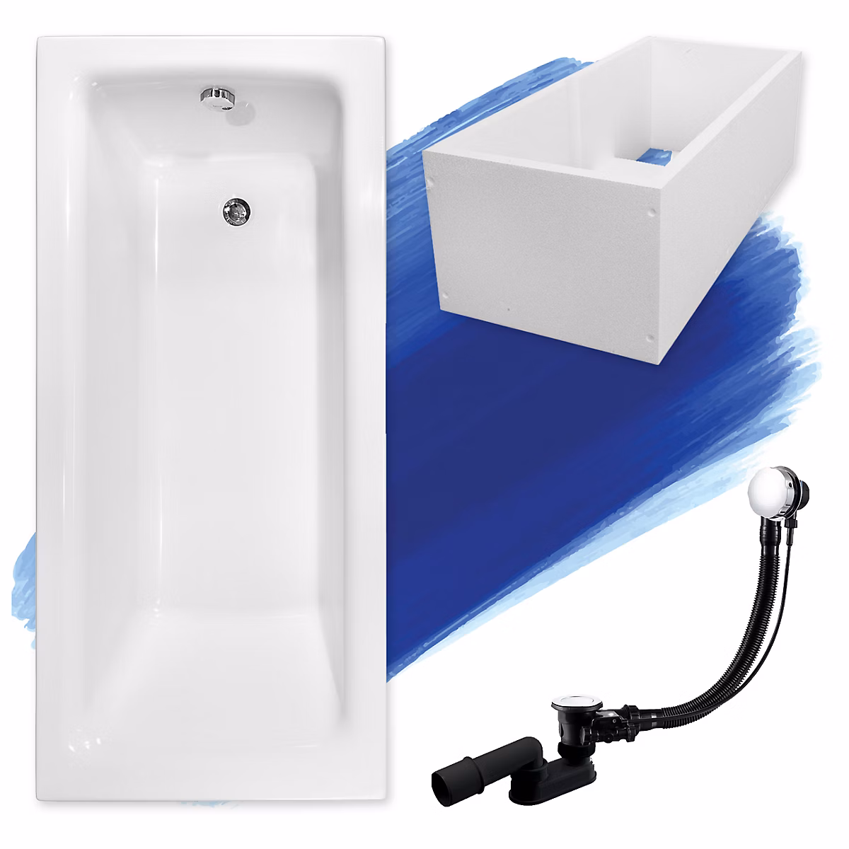 Baignoire rectangulaire 170 × 75 TALIA acrylique blanc + Support stabilisateur en polystyrène + Pieds + Vidage à chromé