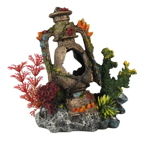 Décor aquarium artefact englouti 3 coloris multicolore en résine polyester - 14,5 x 9 x 16,7 cm
