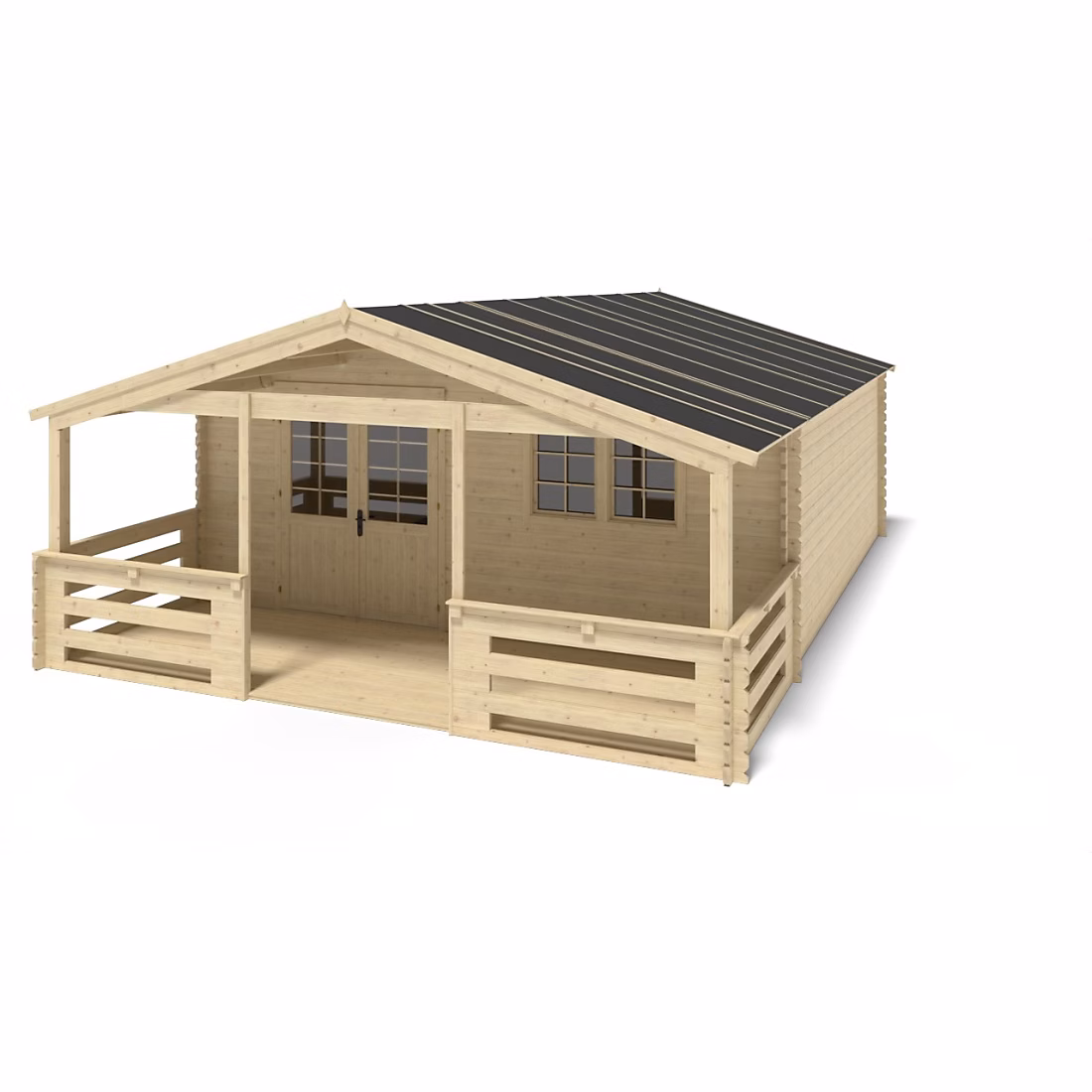 Abri de jardin en bois – 6 × 6 m + terrasse avec balustrade et avant, toit en bois, 48 m2, DOM749+DOM553+DOM555+POD04
