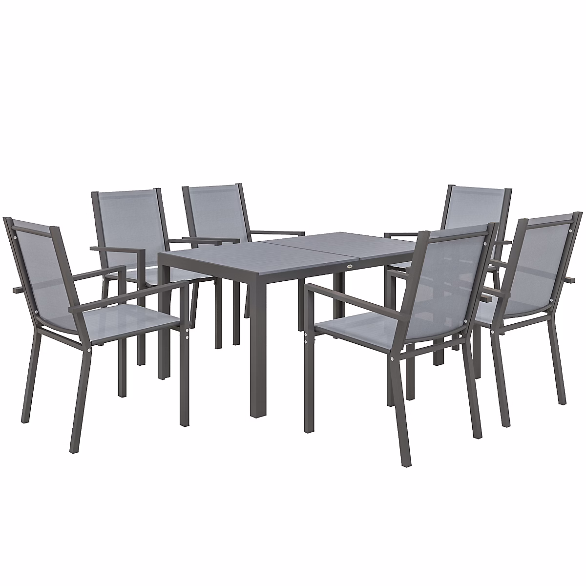 Ensemble salon de jardin repas – ensemble repas extérieur, 6 chaises empilables grande table effet bois, acier textilène gris