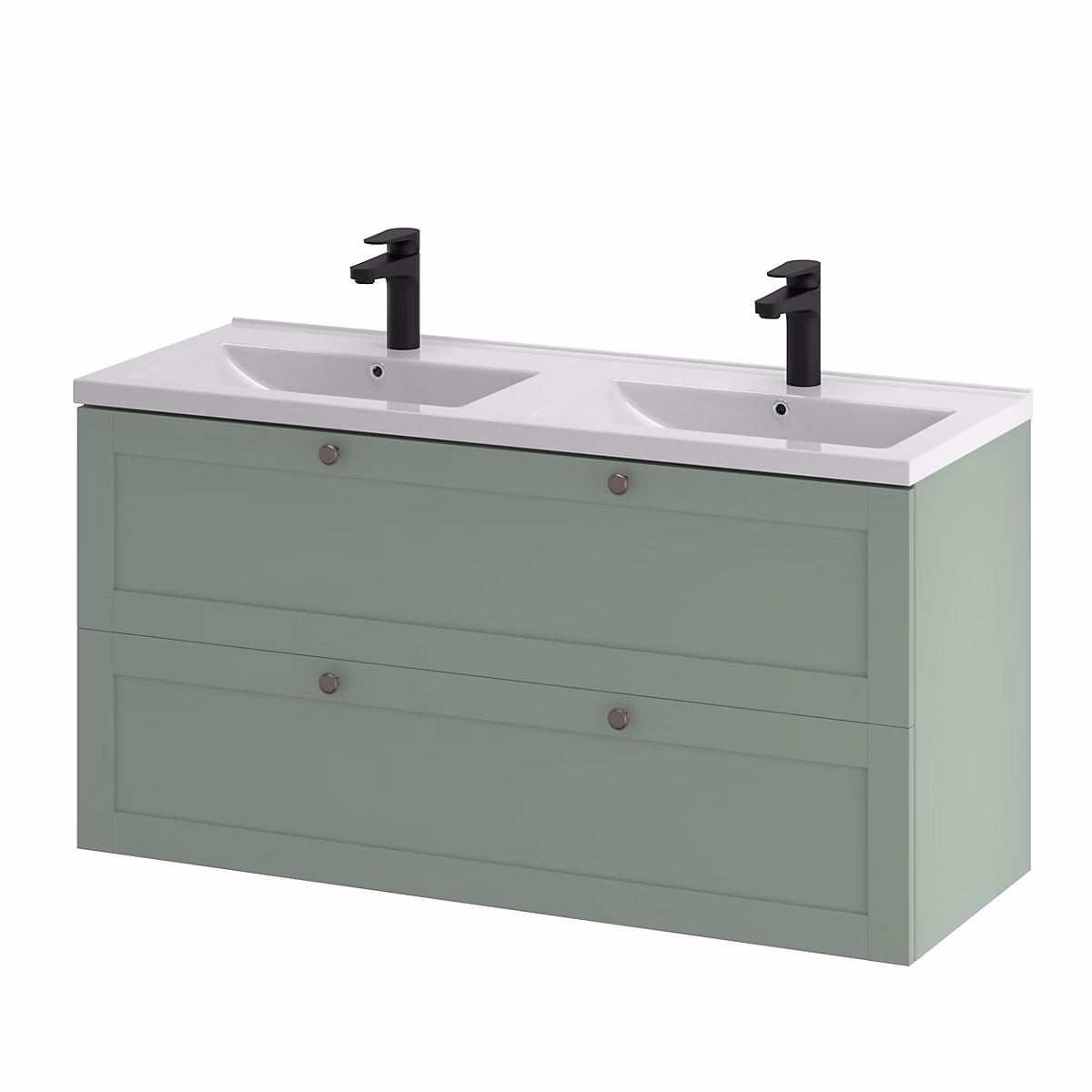 Meuble sous vasque suspendu vert sauge l.120 cm 2 tiroirs Imandra + plan double vasque blanc céramique Nira – GoodHome