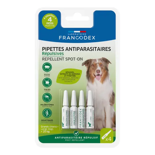 Pipettes antiparasitaires répulsives pour grand chien de plus de 20 kg Francodex - 4 x 2 ml