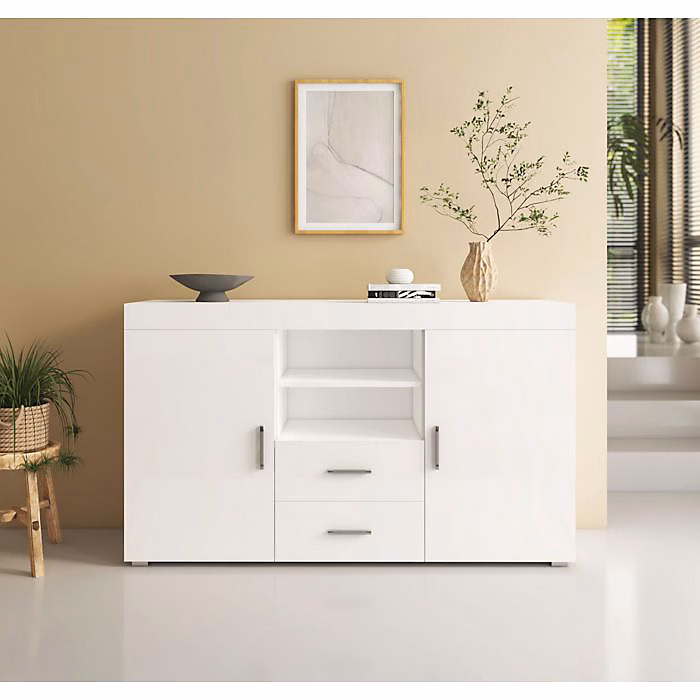 Buffet bas contemporain – Blanc brillant, Mélamine, 2 portes 2 tiroirs, 140 × 80 × 40 cm