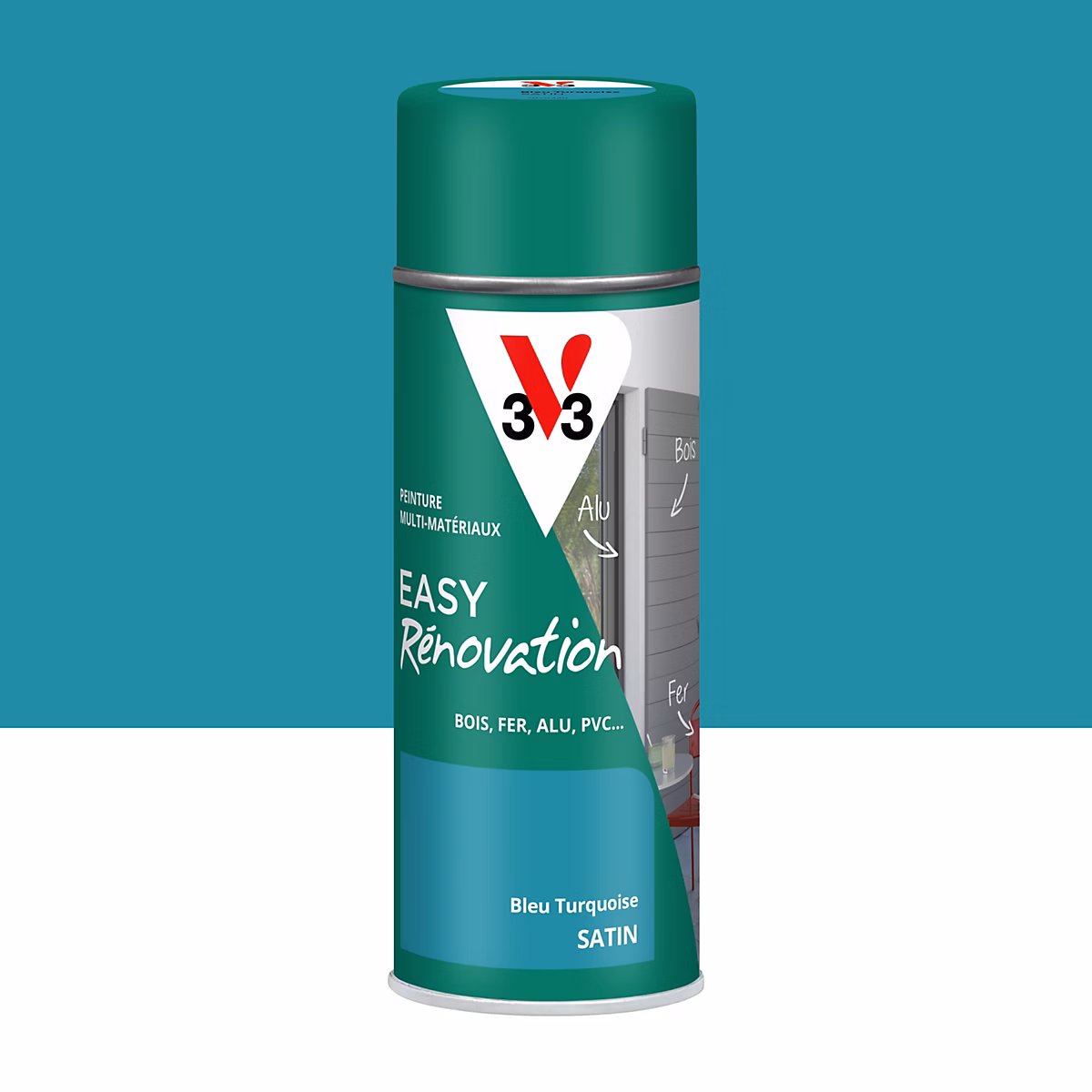 Bombe de peinture extérieure bois – fer | plastique bleu turquoise satin V33 Easy Rénovation 400 ml