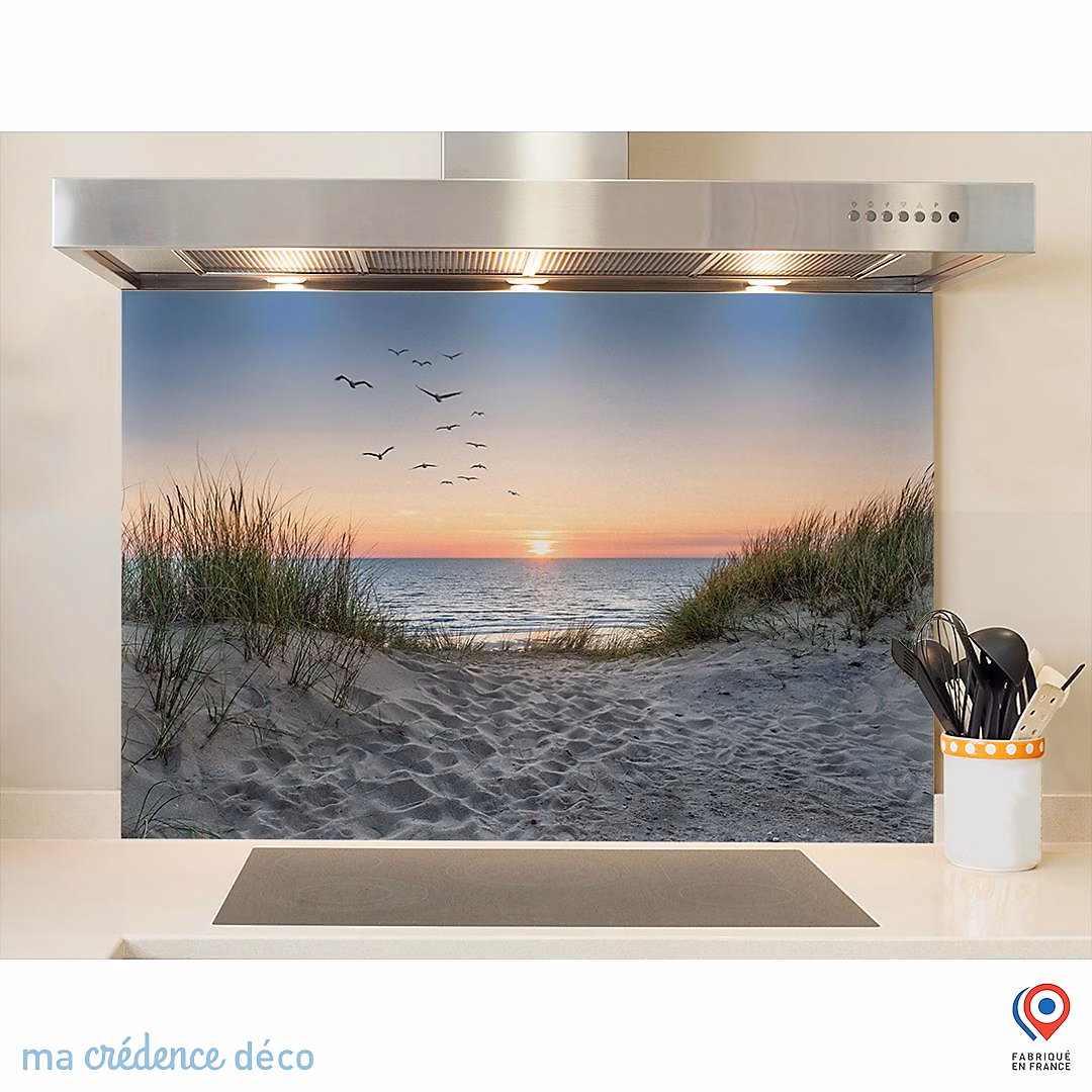 Crédence cuisine fond de hotte Dunes et mouettes 3 – Verre trempé, L 70 cm x H 60 cm, MaCrédenceDéco