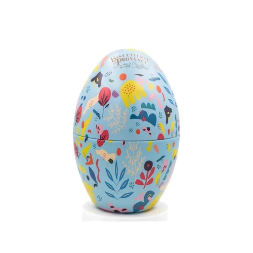 Grand œuf de Pâques en métal décor printanier avec gâteaux bio Biscuiterie de Provence - 240 g