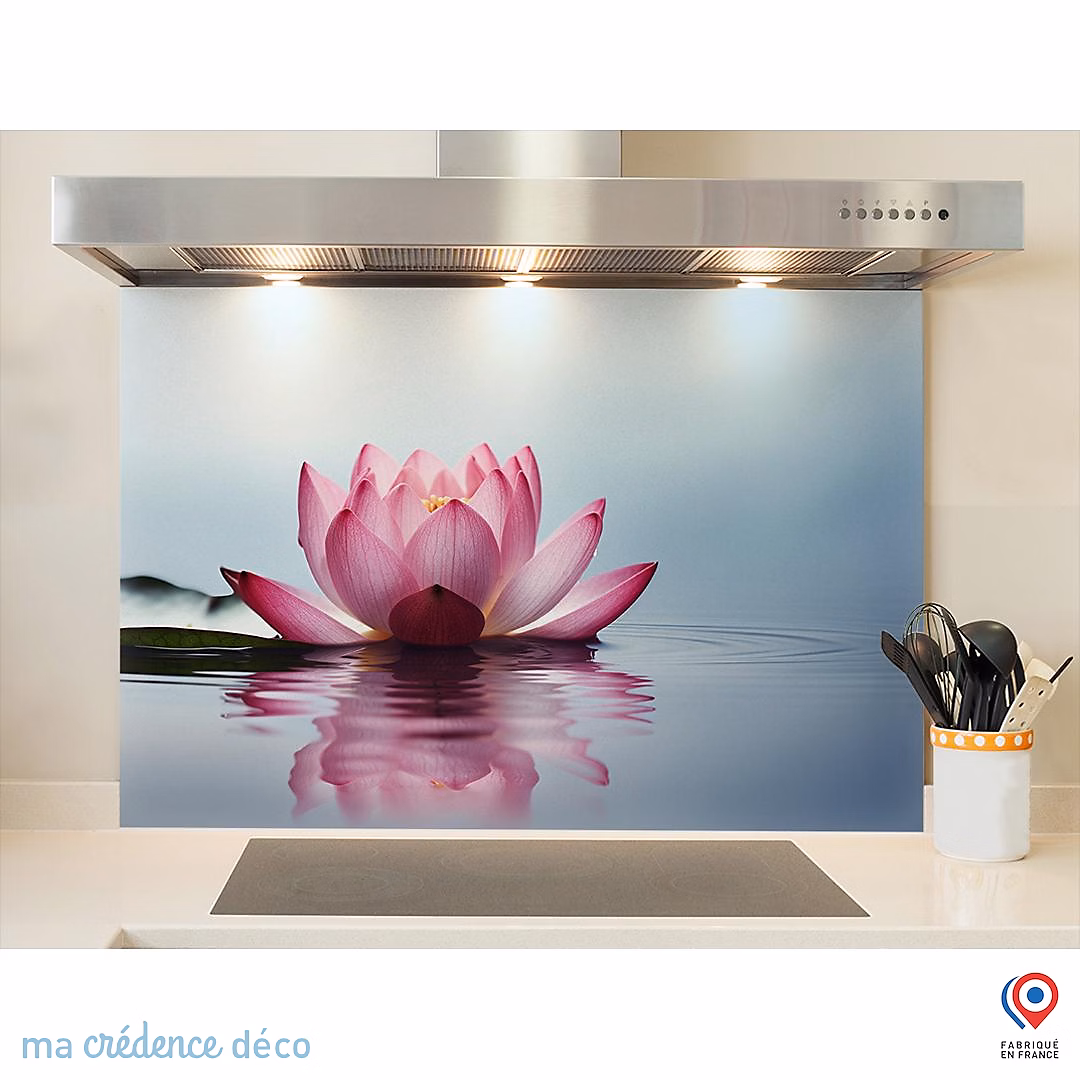 Crédence cuisine fond de hotte Lotus zen 1 – Verre trempé, L 90 cm x H 50 cm, MaCrédenceDéco