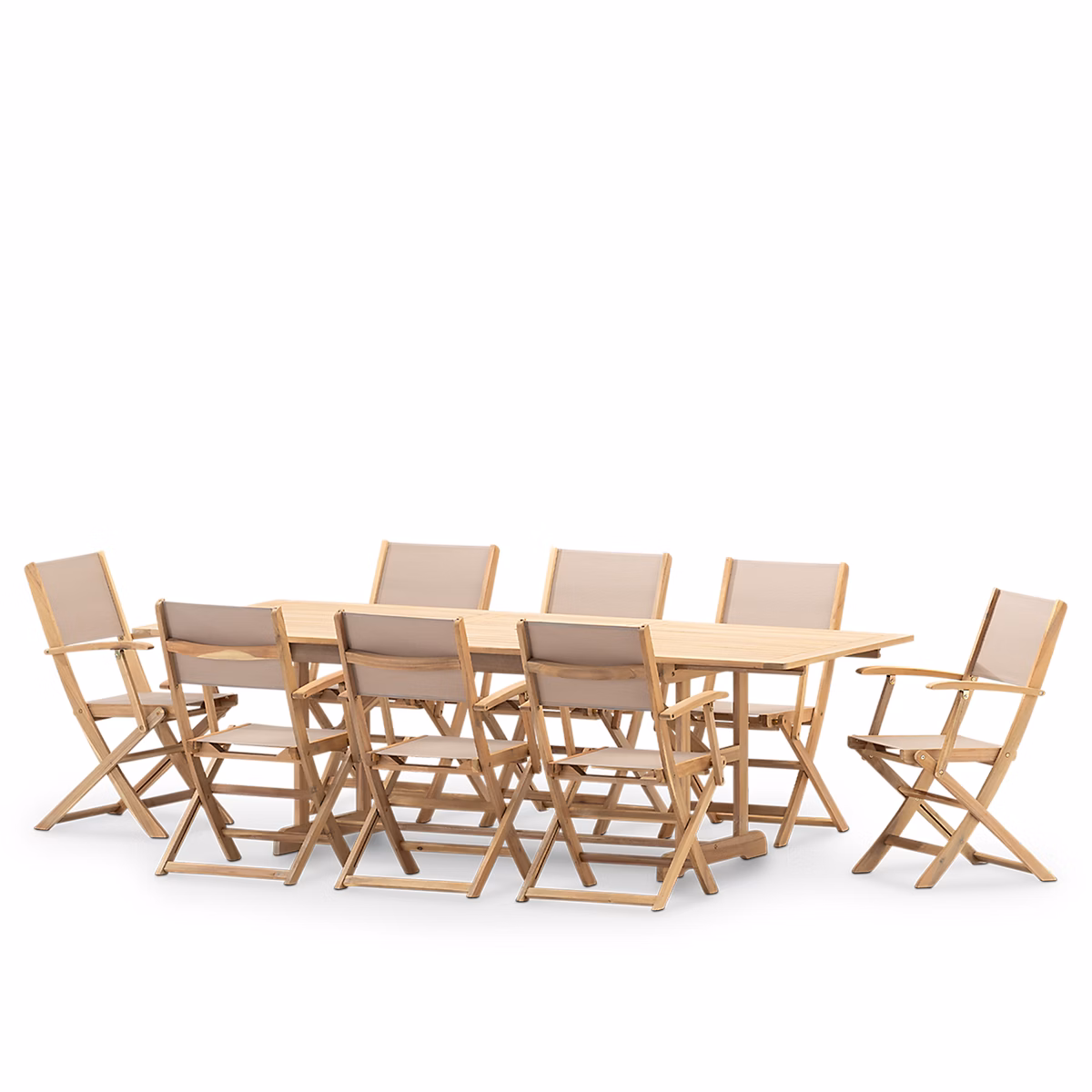 Ensemble salle à manger de jardin table extensible 180-240 × 100 + 8 chaises bois et textile beige – Java Light