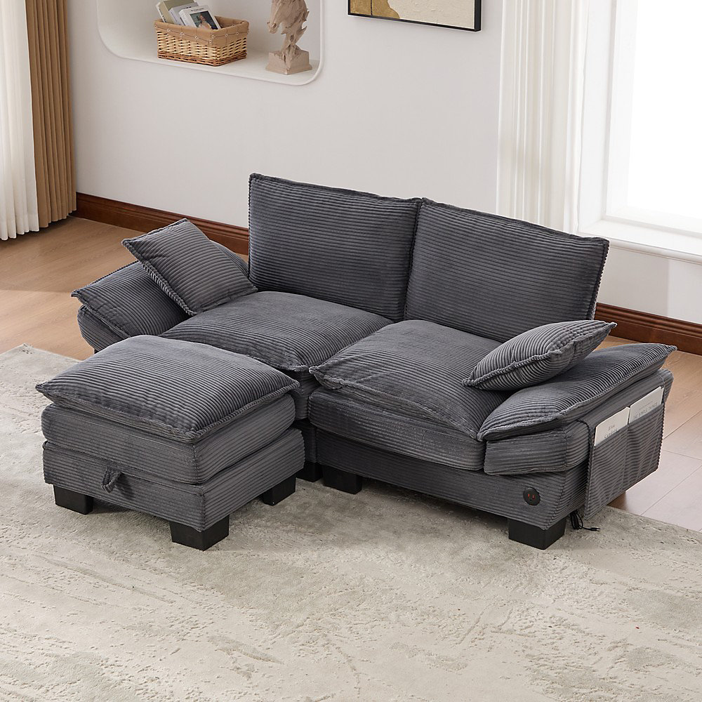 Canapé modulaire 2 places avec tabouret | Dark Gray – large assise – ergonomique – mousse haute densité – ports USB – C – poches latérales