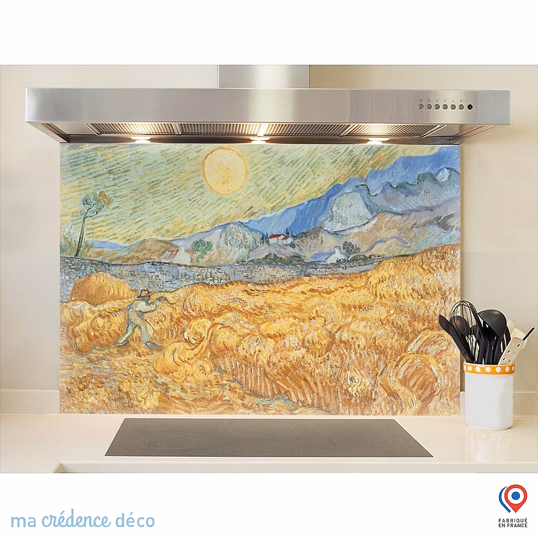 Crédence cuisine fond de hotte Vincent Van Gogh – La récolte, Verre trempé, L 70 cm x H 60 cm, MaCrédenceDéco