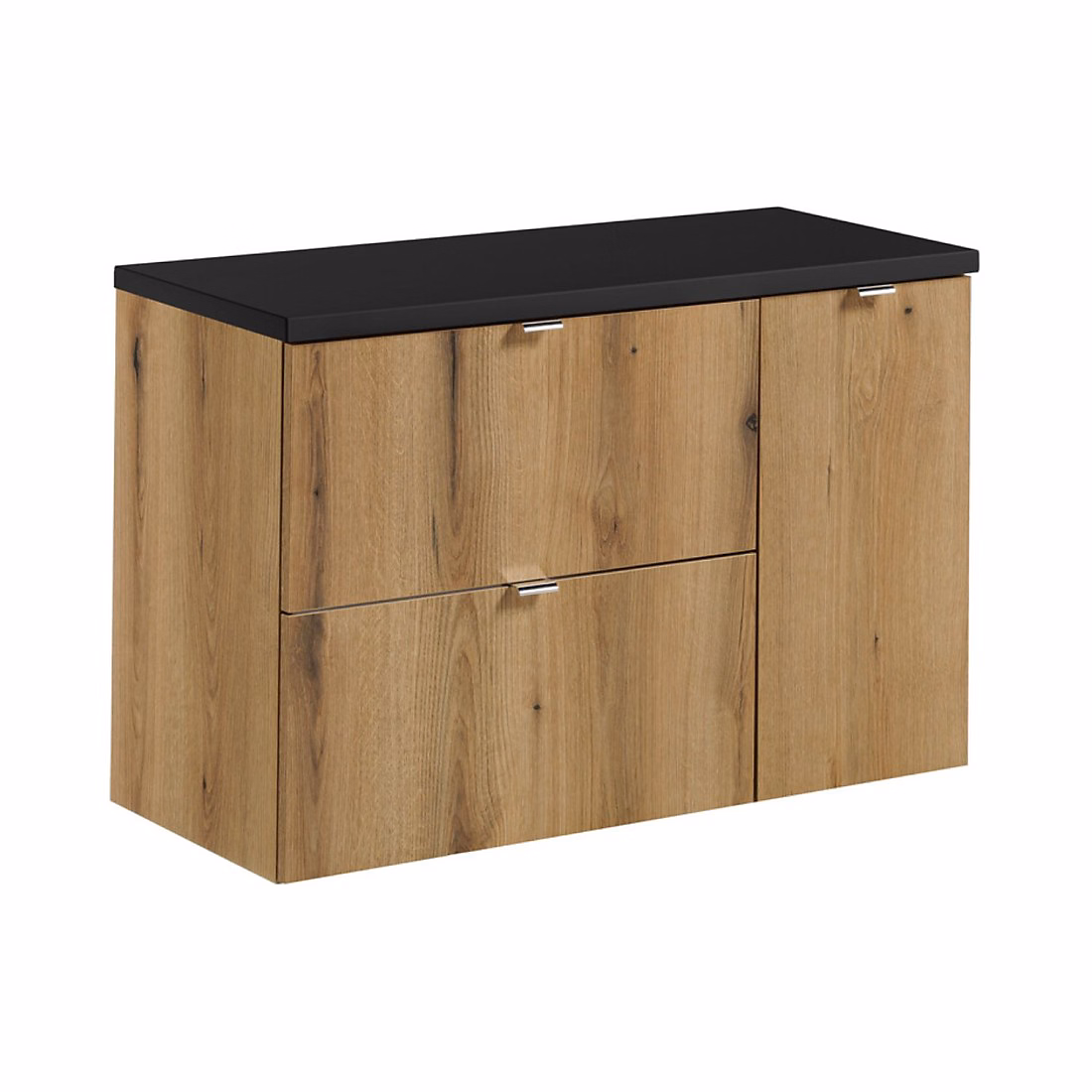 Meuble de salle de bains – Ensemble de salle de bain suspendu VANO aspect chene et noir 90cm : meuble sous vasque à tiroirs et placards et plan pour vasque