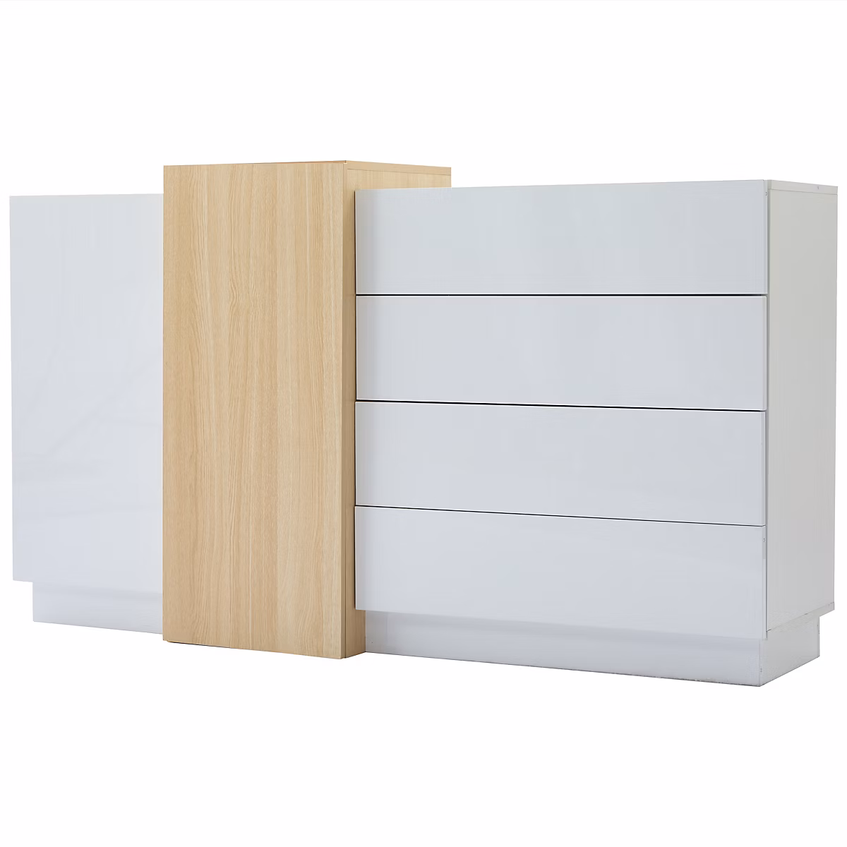 Meuble – Buffet blanc brillant effet bois 4 tiroirs et 2 portes