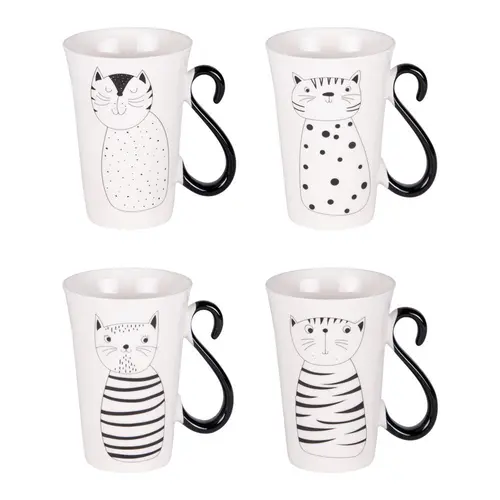 Coffret de 4 mugs en porcelaine blancs et noirs Miaou - 35 cl