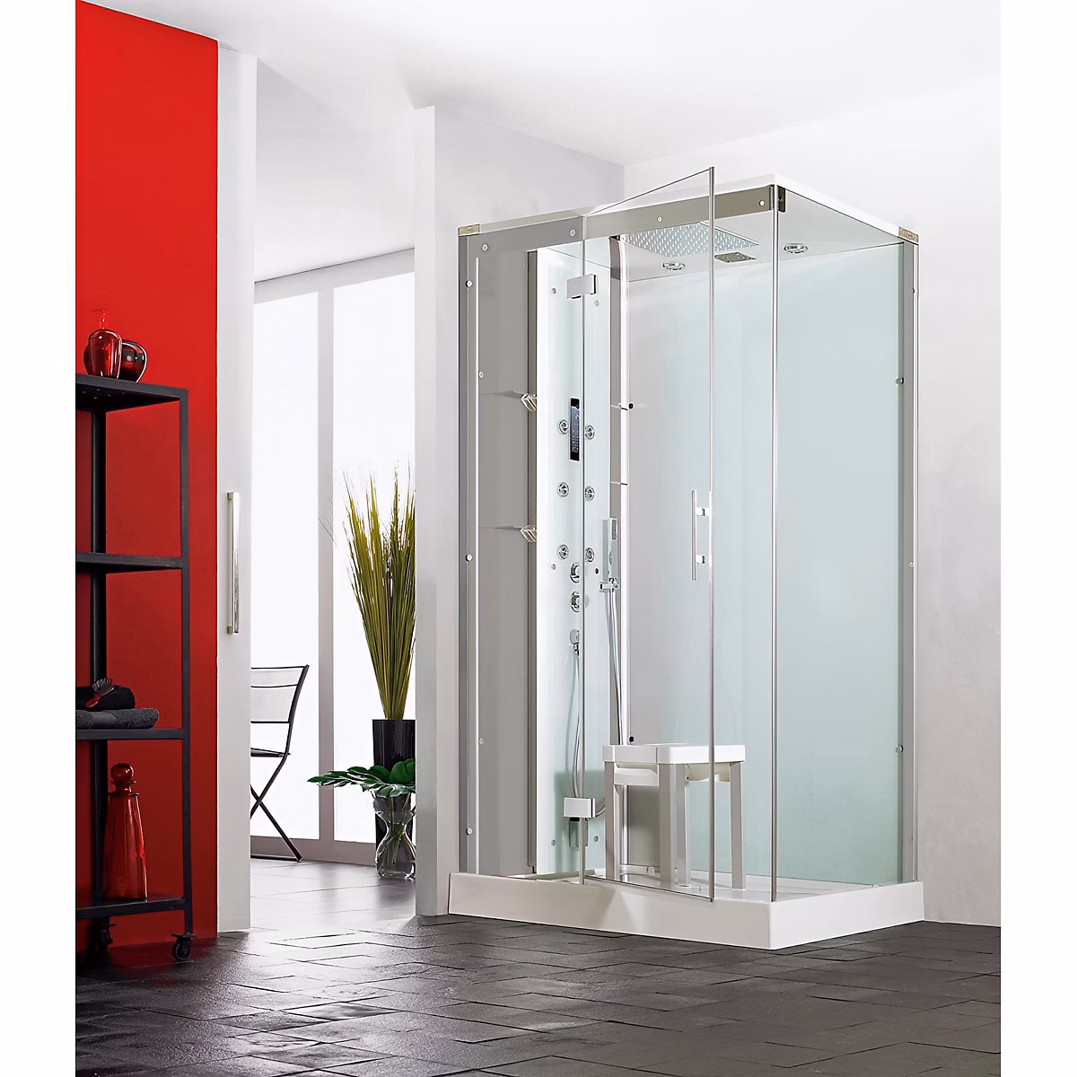 Cabine de douche hydromassante et hammam KINEDO HORIZON 120 × 120 hauteur receveur 17 – 5cm 1 porte pivotante finition acier