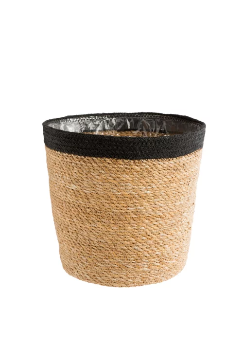 Cache-pot vannerie naturelle avec rebord noir coloris beige - 18 x 16 x 13,5 cm