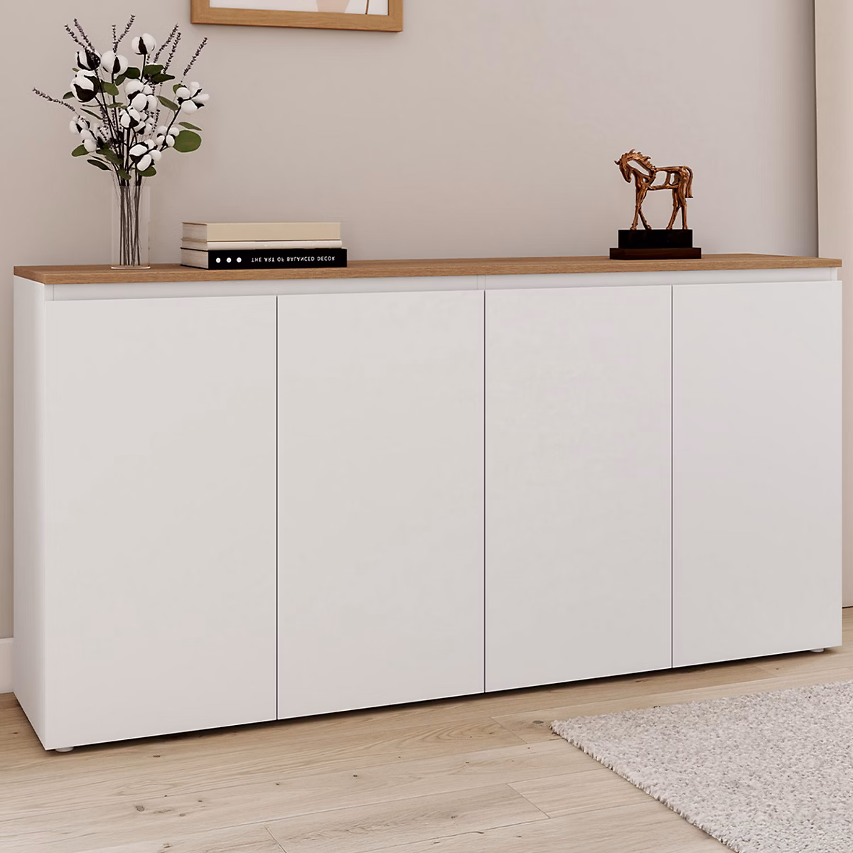Buffet 160 cm TOBY 4 portes blanc et plateau bois – Réf. WYEPLEBYB4721776588