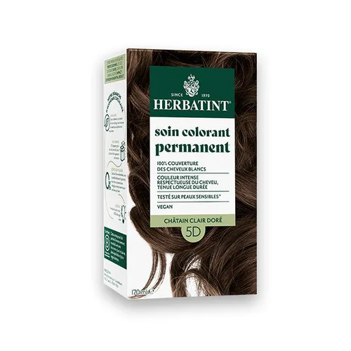 Coloration permanente pour cheveux châtain clair doré 5D aux extraits végétaux biologiques vegan Herbatint - 170 ml