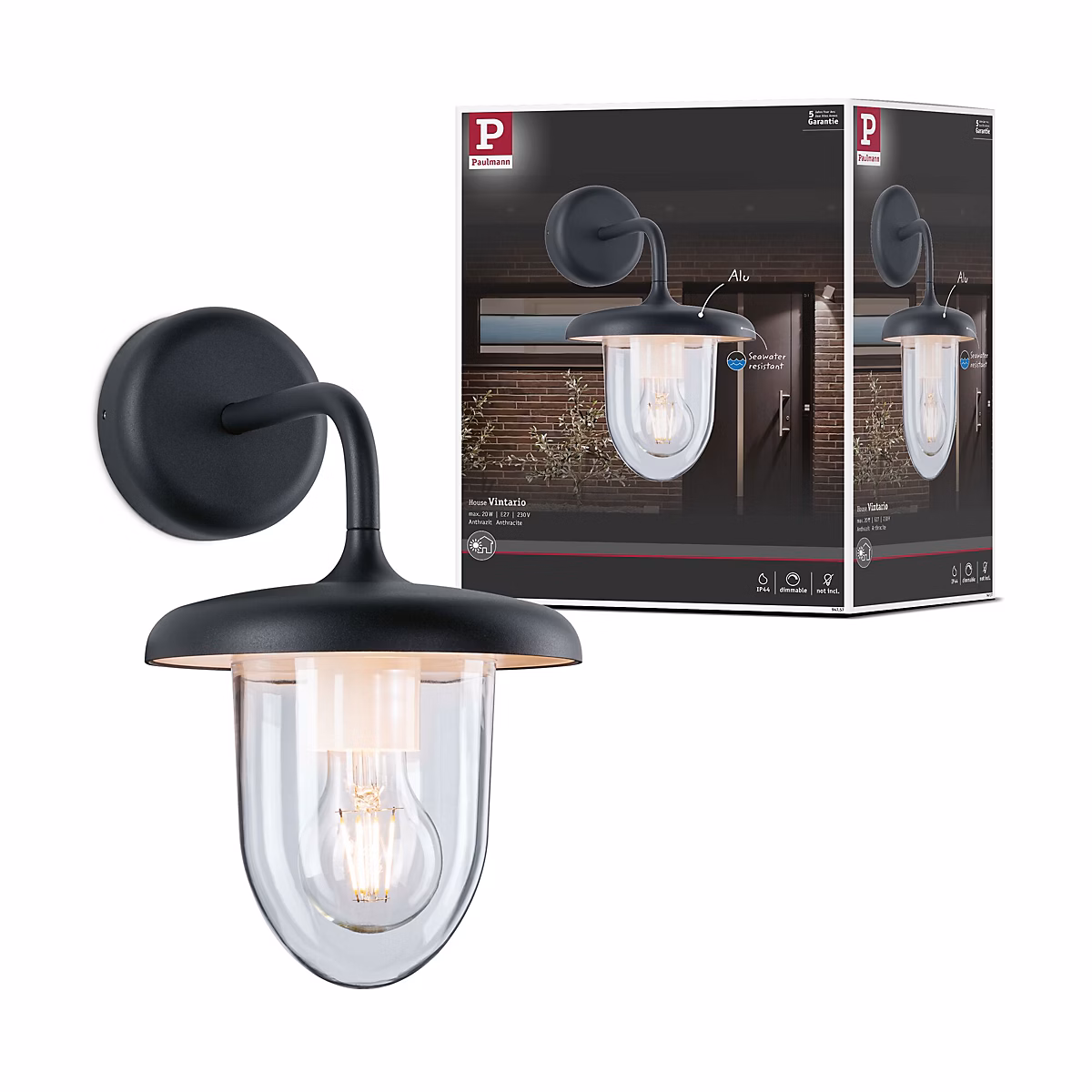 Applique d'extérieur Vintario résistant à l'eau de mer IP44 rond 180 × 305 mm max. 20W 230V Anthracite Aluminium – Matière plastique
