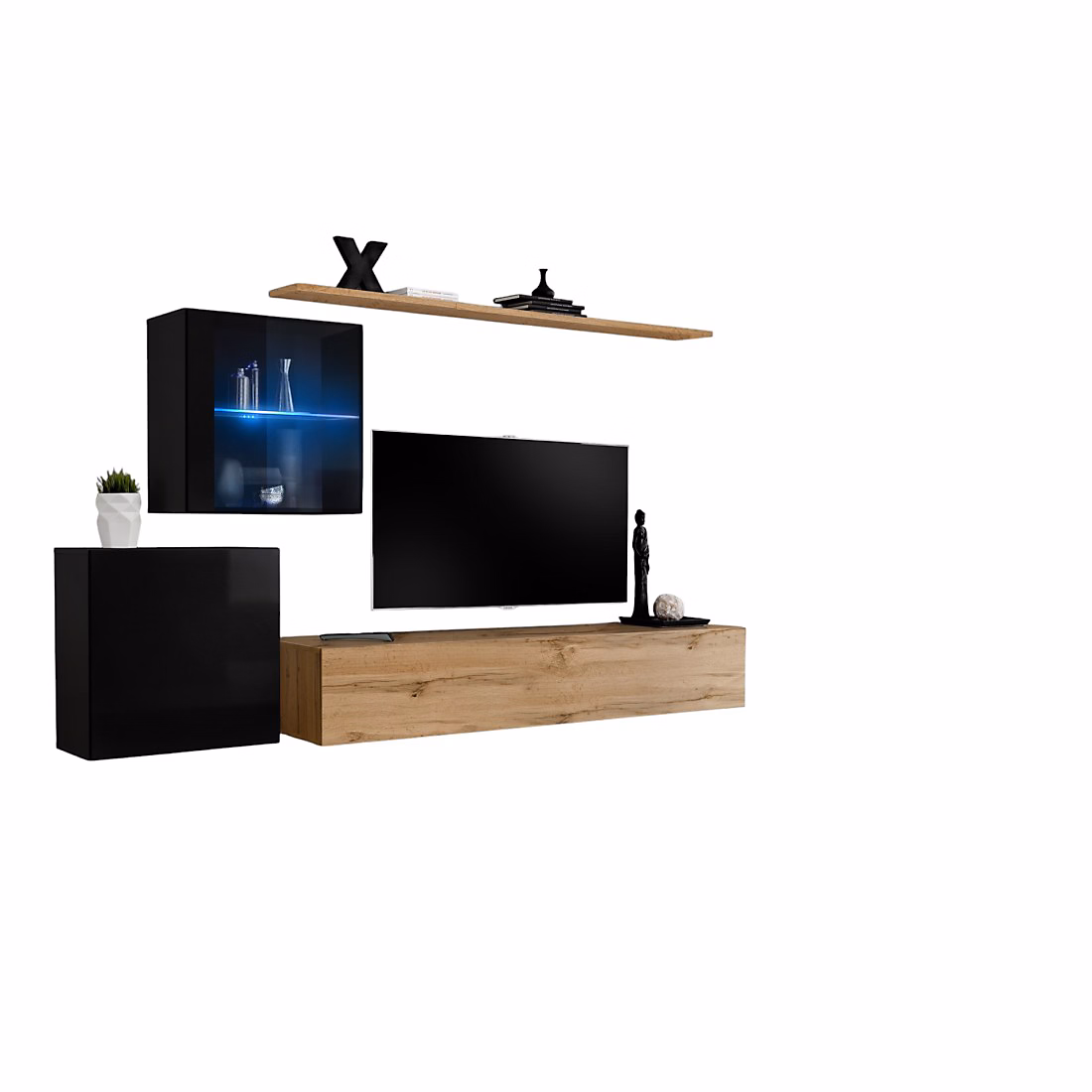 Composition murale SWITCH XV Meuble TV – cubes suspendus et étagère Chene Wotan et noir brillant Design moderne