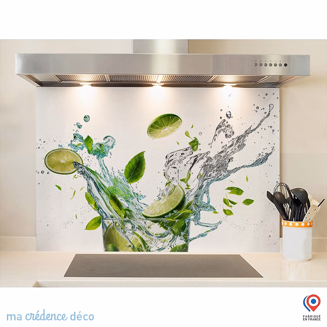 Crédence cuisine fond de hotte Splash – Citrons verts et menthe, Verre trempé, L 90 cm x H 70 cm, MaCrédenceDéco