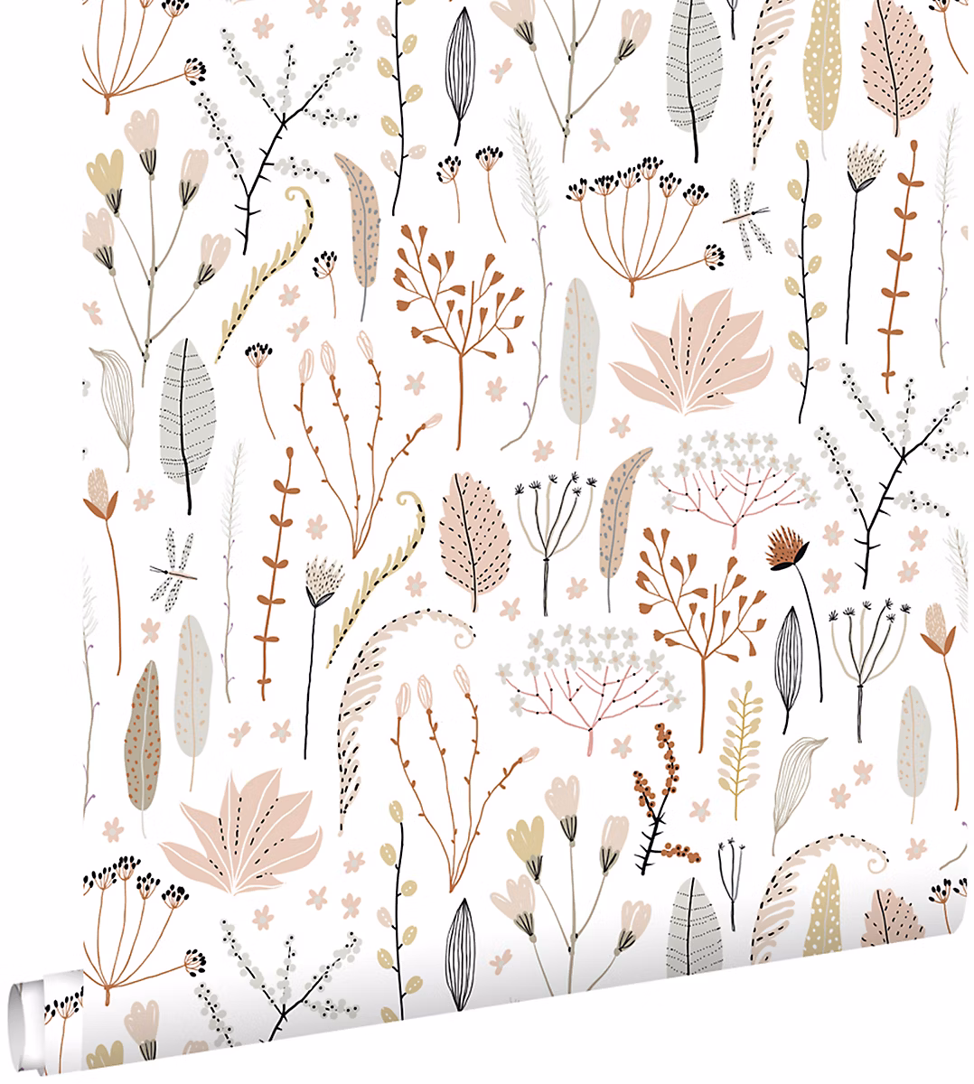 ESTAhome papier peint fleurs des champs rose clair – gris et terracotta 53 cm x 10.05 m