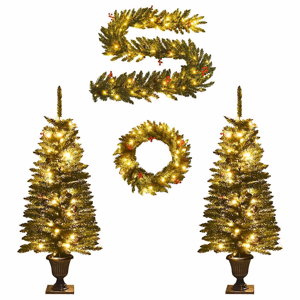 Arbres de Noël artificiels 2 pcs et couronne – guirlande et LED vidaXL