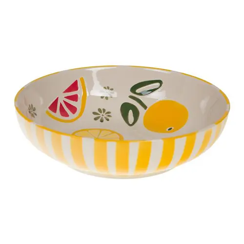 Saladier en grès à rayures jaunes et motif fruits Zestine - Ø 28 x H 7,5 cm