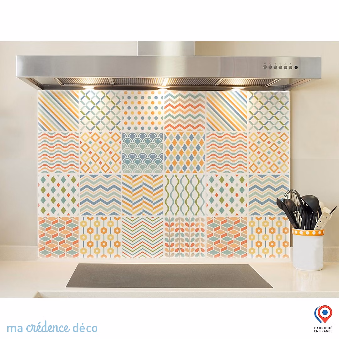 Crédence cuisine fond de hotte Carreaux ciment modernes | Verre trempé – L 60 cm x H 45 cm – MaCrédenceDéco