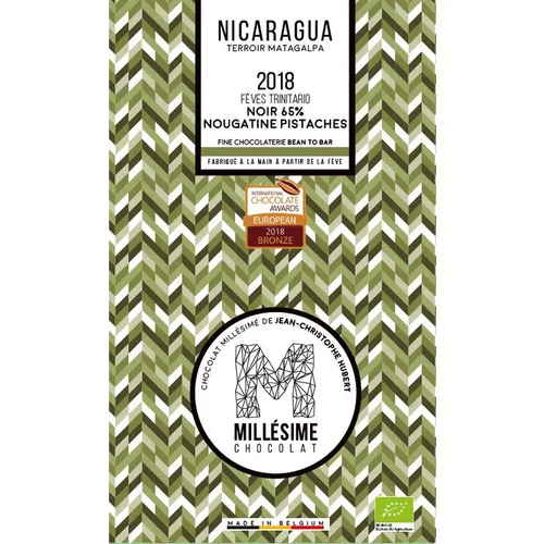 Tablette de chocolat noir (65 %) du Nicaragua à la nougatine et pistache 75 g