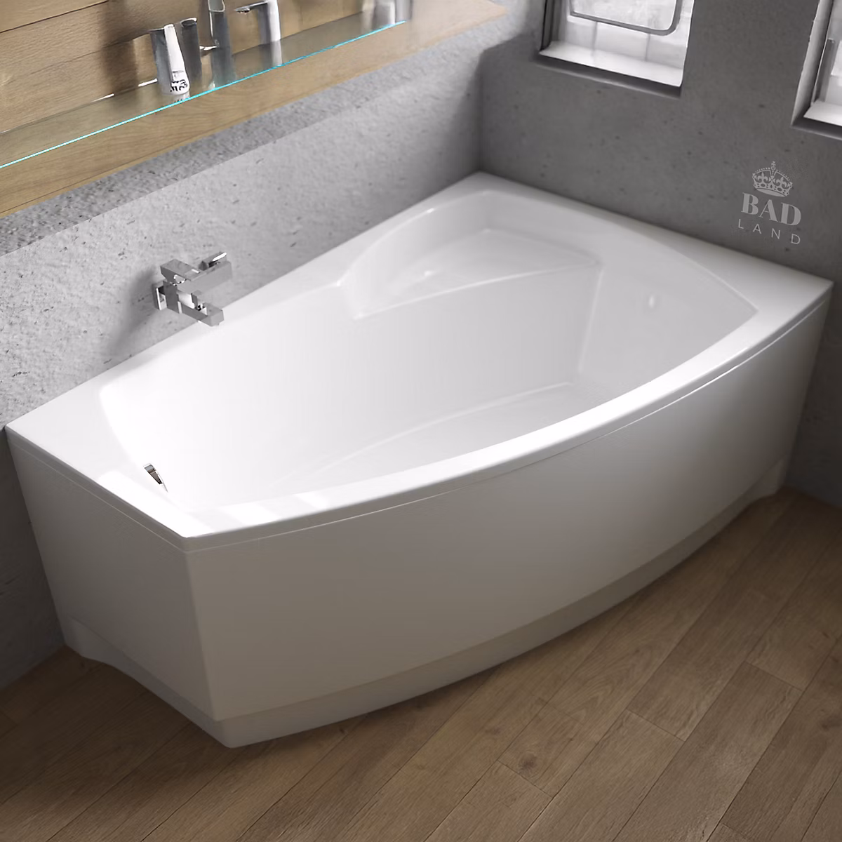 Baignoire asymétrique 140 × 90 Droite FRIDA acrylique blanc + avec Tablier + Pieds + Vidage à chromé