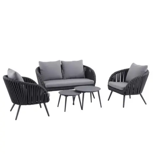 Salon de jardin en corde coloris gris Cordo - 5 éléments (canapé, deux tables basses et deux fauteuils)
